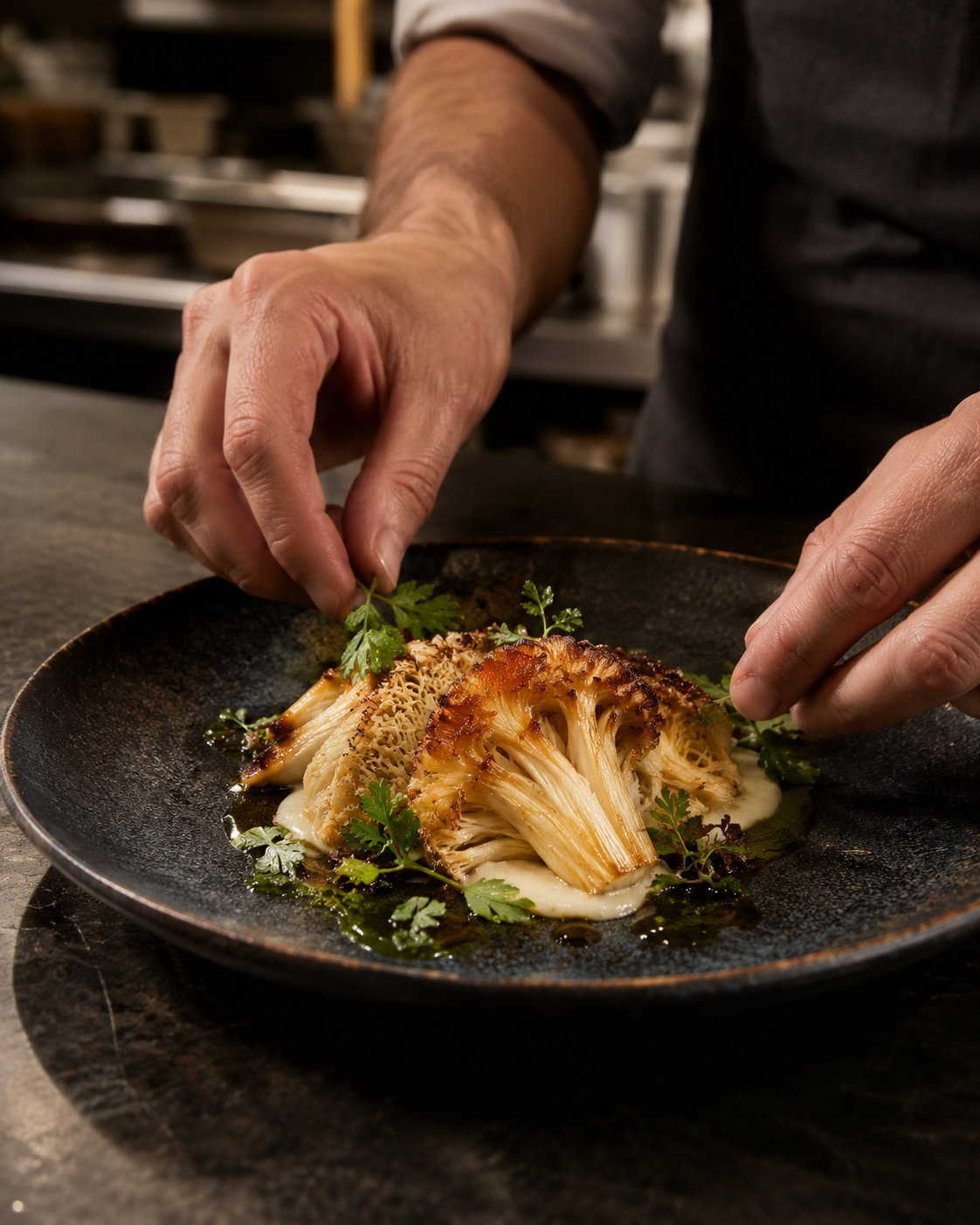 Chef plating a deeply seared lion’s mane mushroom dish