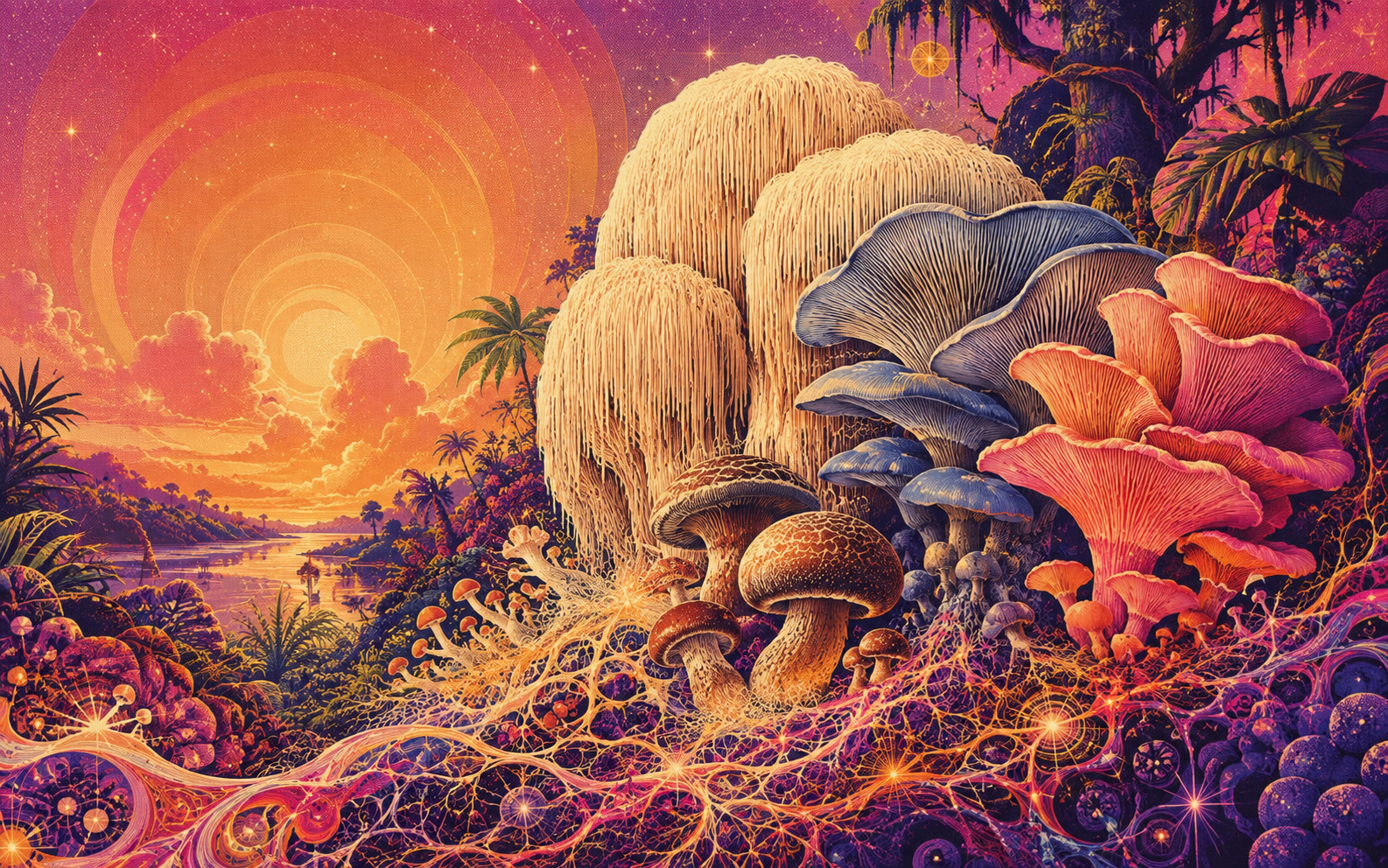 A colorful psychedelic world of culinary mushrooms connected by luminous mycelium