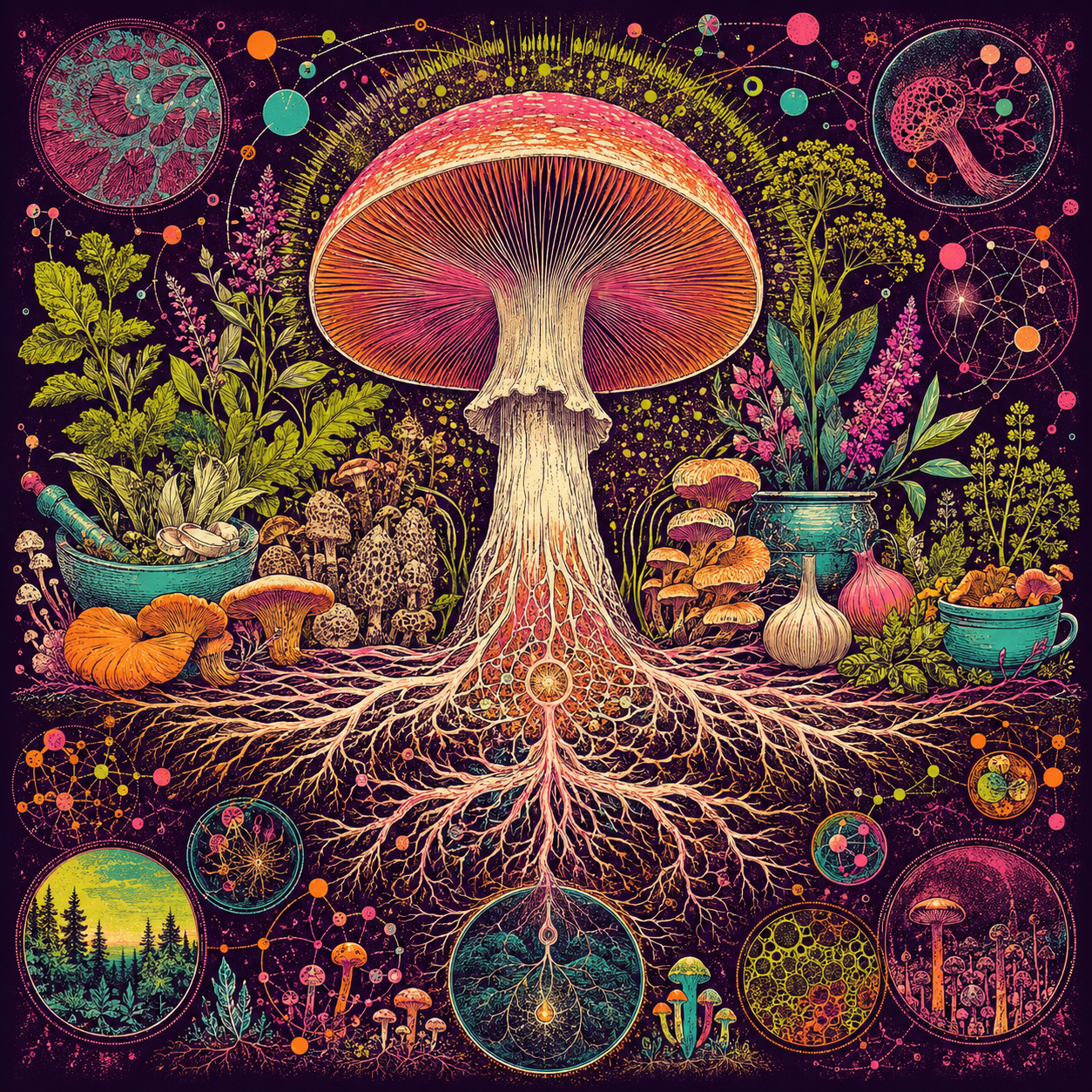 Psychedelic illustration of a mushroom connected to food, herbs, soil and a branching mycelial network